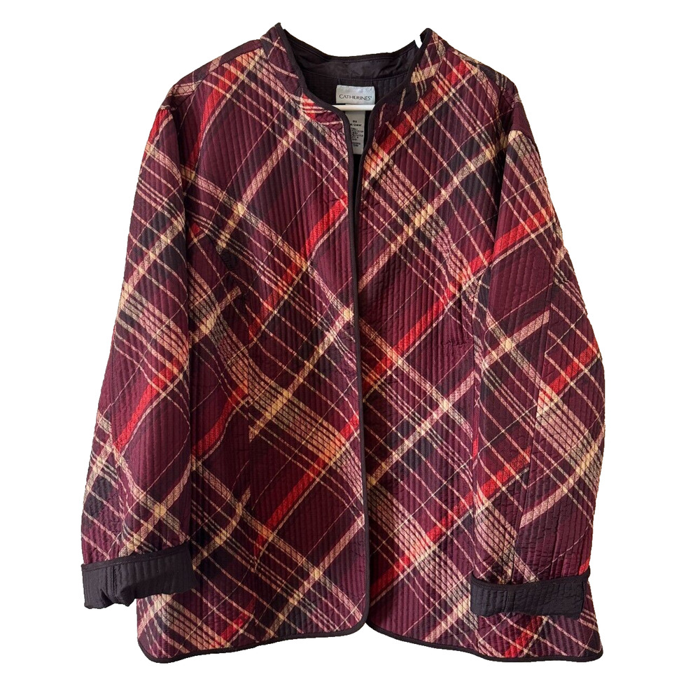 Catherines Quilted Jacket Women's 3X 26/28W Plaid Open Blazer Lightweight Stripe